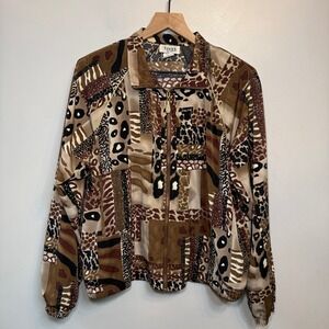 Teddi Women's VTG Animal Print Patchwork Full Zip Jacket Gold Brown X-Large NWT